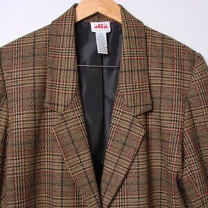 Vintage Alia Brown Plaid Check Blazer Jacket Wool Blend Oversized Size 14 XL XXL